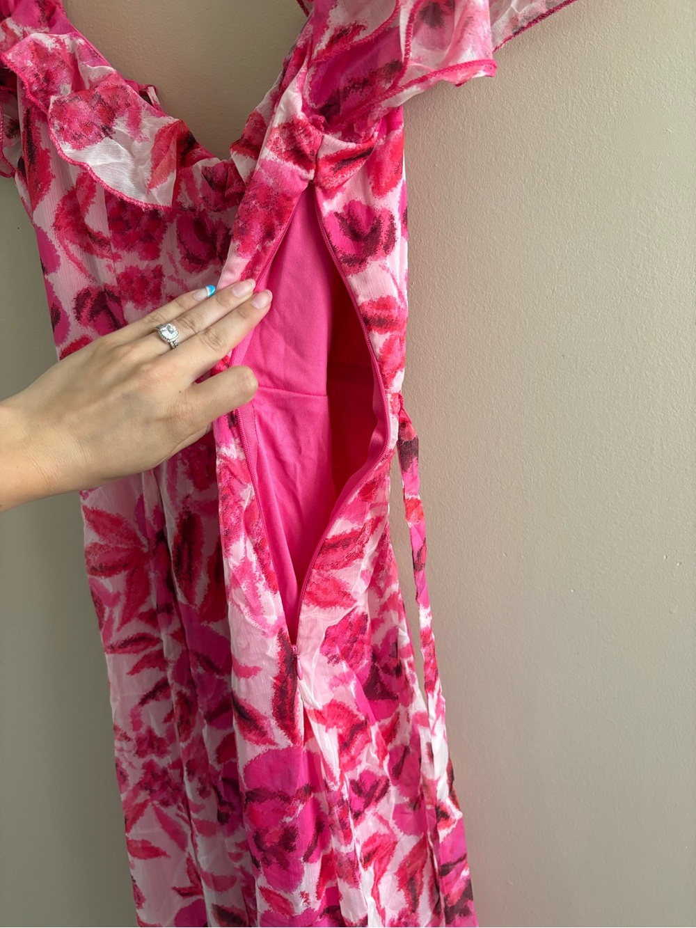 Lulus Sensationally Sweeter Bright Pink Floral Ruffled Maxi Dress Size Medium - Picture 9 of 13